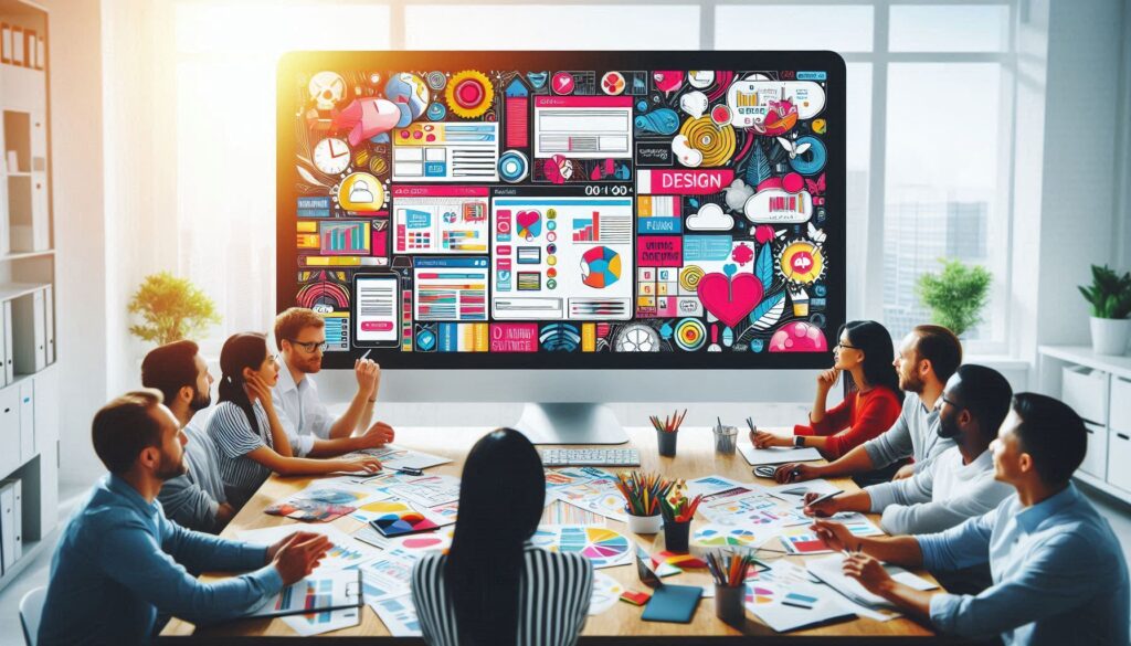 des gens dans une salle de réunion regardant une télé qui affiche une création de site web