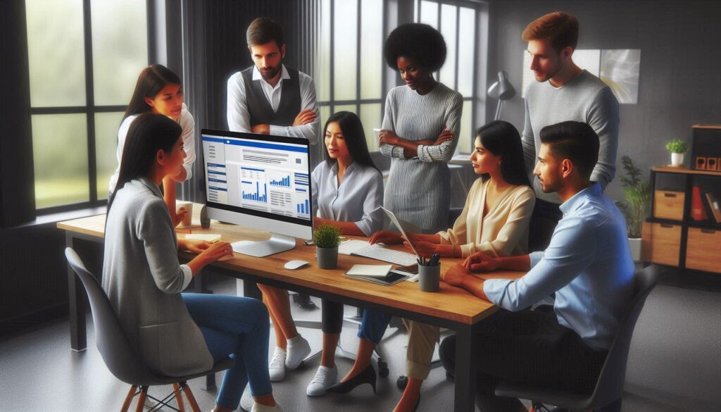 groupe de personnes autour d'une table avec un écran au milieu qui affiche des résultats SEO